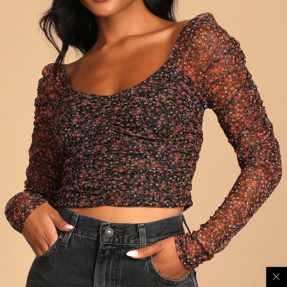 Lulus Tops - Lulus Trends with the Best Black Floral Print Ruched Mesh Crop Top size small